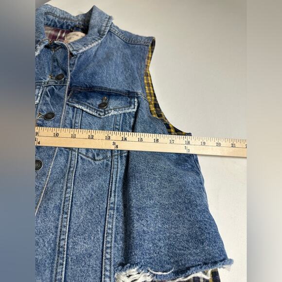 Free People Midi Dress Medium One Of A Kind Denim Mixtape Vest Plaid Front Slit - Picture 8 of 8